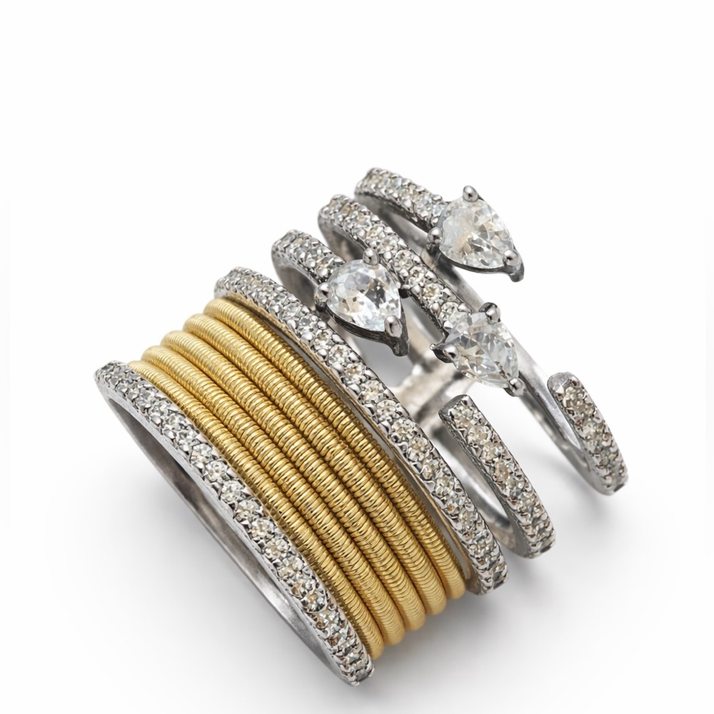 925 Sterling Silver Two Tone Stacked Ring Multi Band Boho Chic Statement sz 6.75